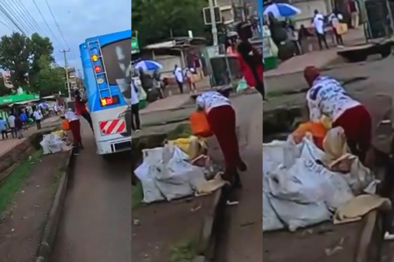 Collage photo of a tout pushing a girl in the Riruta area.